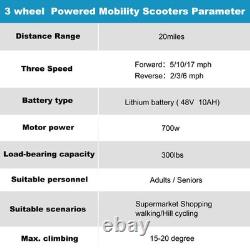 Scooter de mobilité électrique 700W à 3 roues, double moteur, scooter pliable portable US