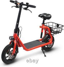 Scooter électrique pliable de 450W avec siège, vélo moped rouge pour adultes, sportif pour les trajets quotidiens.