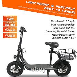 Scooter électrique pliable portable de sport de 450W avec siège et panier de transport noir