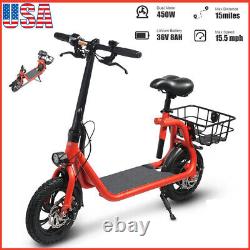 Trottinette électrique pour adultes 450W pliable avec siège et panier de transport pour les trajets.