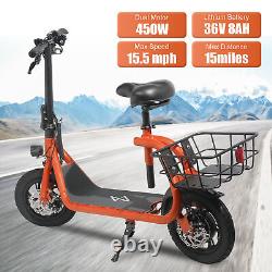 Trottinette électrique pour adultes 450W pliable avec siège et panier de transport pour les trajets.