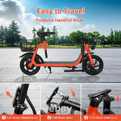 Trottinette électrique pour adultes 450W pliable avec siège et panier de transport pour les trajets.