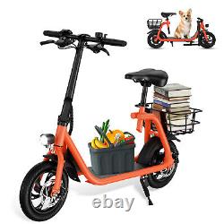 Trottinette électrique pour adultes 450W pliable avec siège et panier de transport pour les trajets.