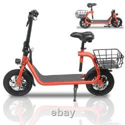 Trottinette électrique pour adultes 450W pliable avec siège et panier de transport pour les trajets.