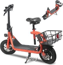 Trottinette électrique pour adultes 450W pliable avec siège et panier de transport pour les trajets.